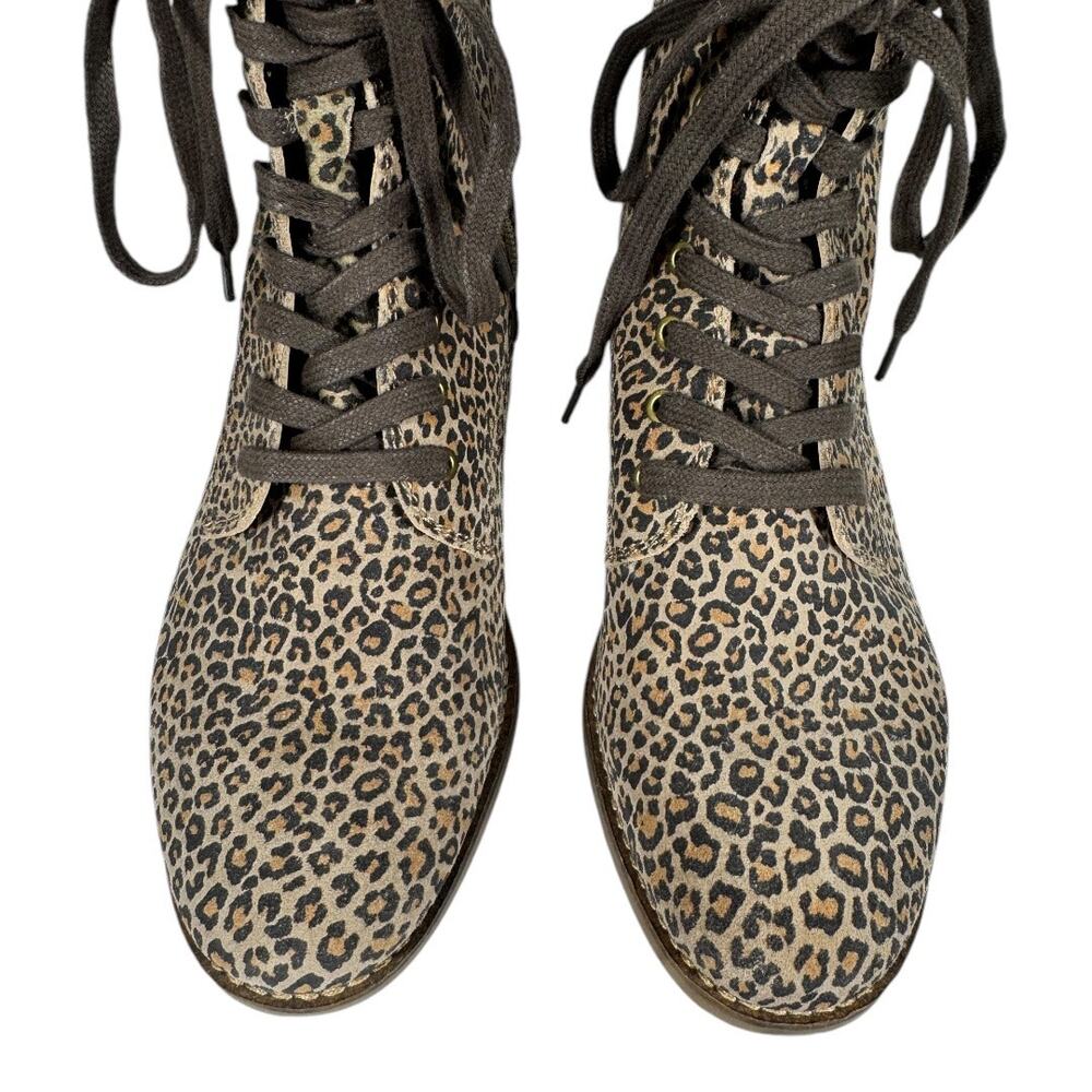 Lucky Brand Leopard Hestawn Lace Up Combat Moto Boots 8 Brown Leather Cheetah - Picture 6 of 8